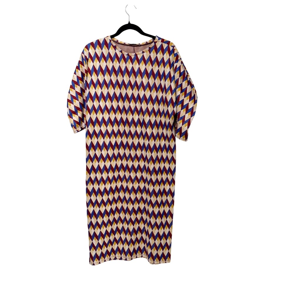Zara Woman Basic Geometric Harlequin Diamond Knit Midi Shift Dress Multicolor M - Picture 3 of 7